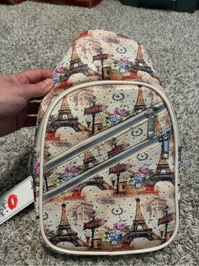 Paris Print Cream Crossbody Sling Bag